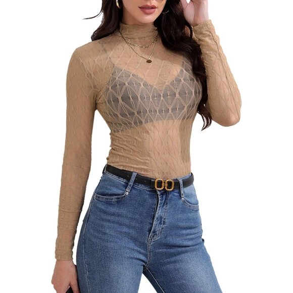 🆕 Women Khaki Long Sleeve Mesh Top Lace Mock Neck See Through Fitted Sexy Out - Picture 1 of 7